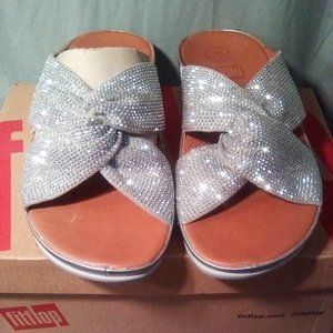FitFlop LULU Shimmer foil Cross Strap Wedge Sandals Silver Size US 8